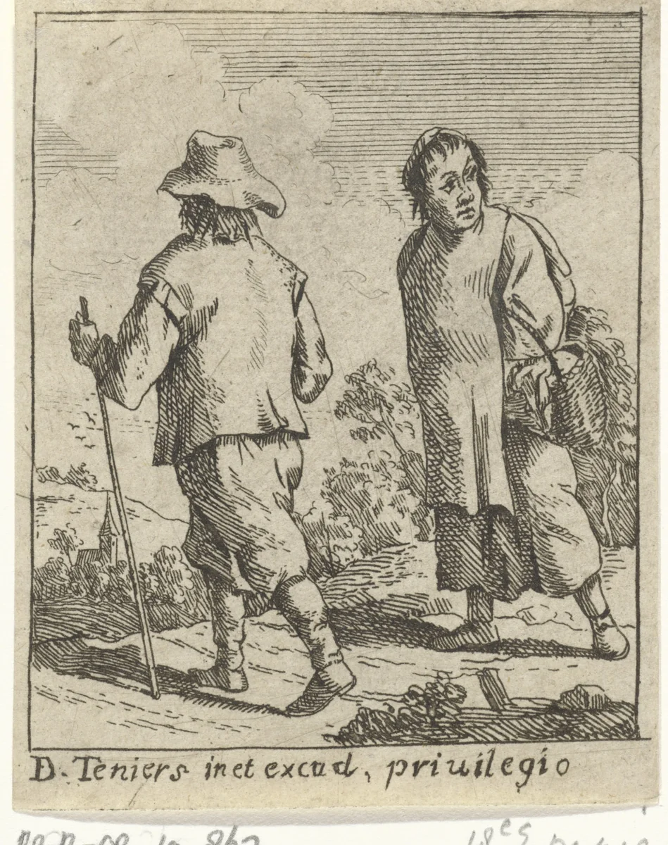 Een boerenpaar op weg by anonymous, print, 1700-1799