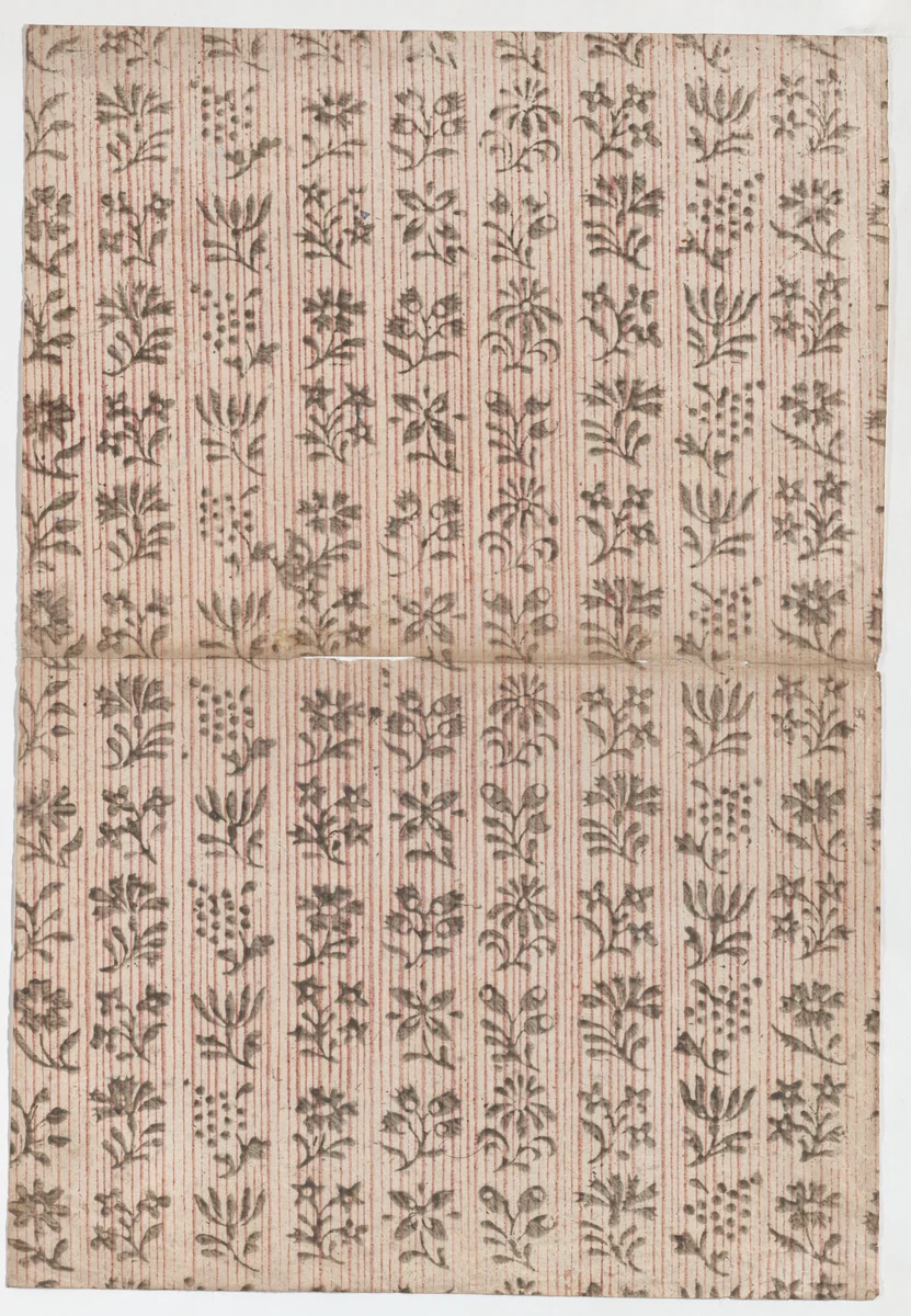 Book cover with overall stripe pattern with floral designs by anonymous, print, 1800-1900