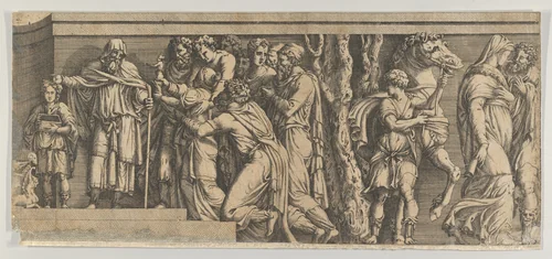 Statue of Niobe and her Worshippers, with Apollo and Diana and other Figures, after Polidoro da Caravaggio by Anonymous, School of Fontainebleau, print, 1543-1547