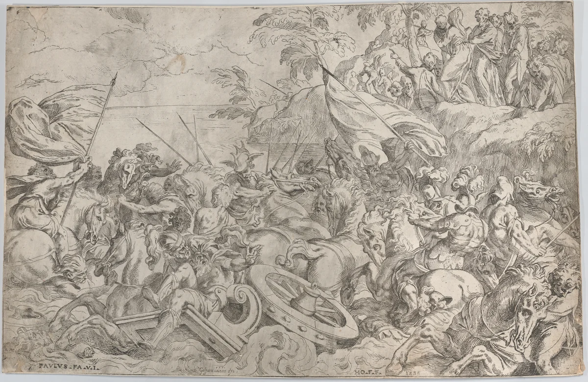 The Crossing of the Red Sea by Orazio Farinati, print, 1583