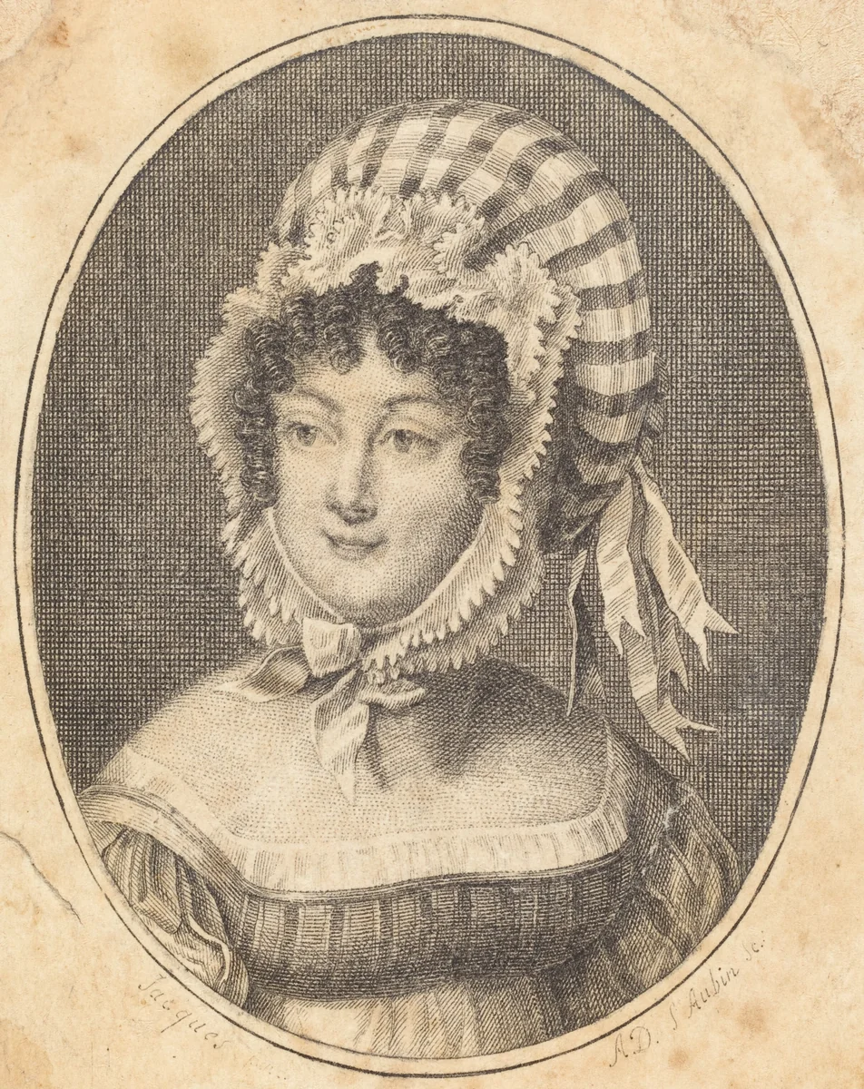 Head of a Woman Wearing a Striped Bonnet by Augustin de Saint-Aubin, print, 1770-1852
