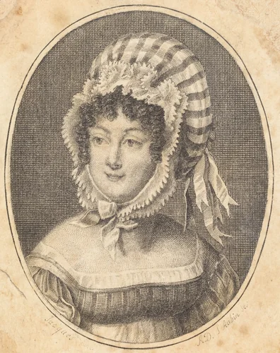 Head of a Woman Wearing a Striped Bonnet by Augustin de Saint-Aubin, print, 1770-1852