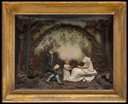 Father, Mother, and Child in a Park by John Christian Rauschner, artwork, 1805-1815