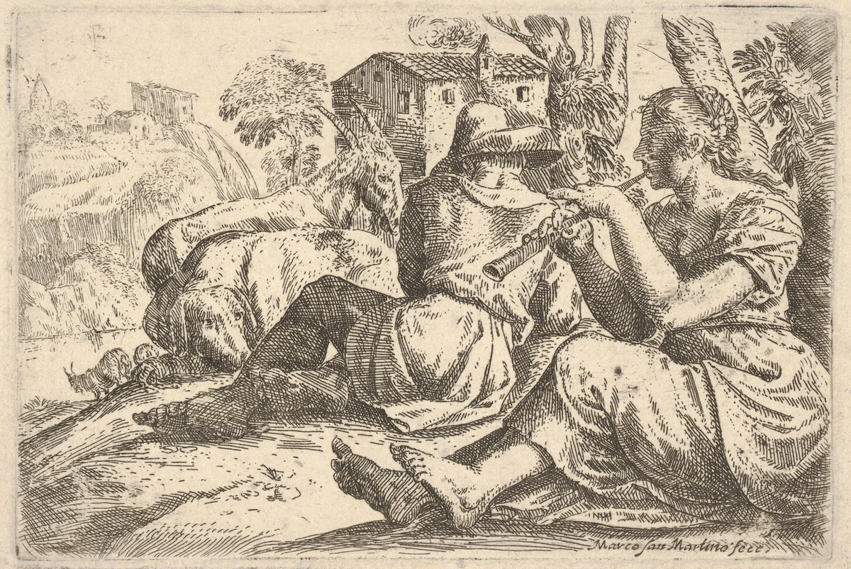 Shepherd and Shepherdess, Playing Flute by Marco San Martino, print, 1625-1700