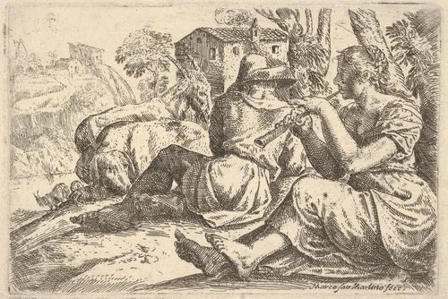 Shepherd and Shepherdess, Playing Flute by Marco San Martino, print, 1625-1700