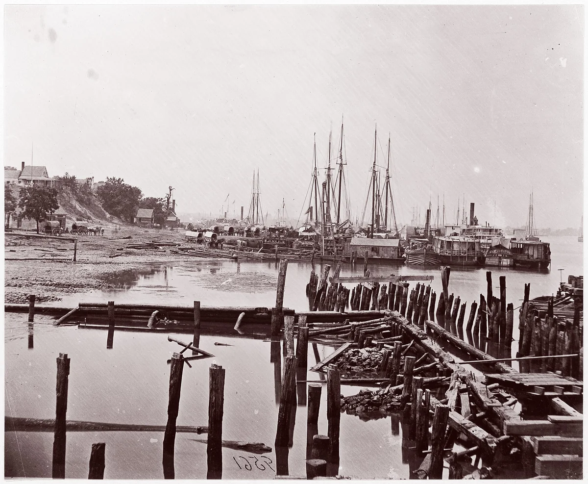 [Wharf and Transpors, City Point, Virginia] by Andrew Joseph Russell, photograph, 1861-1865