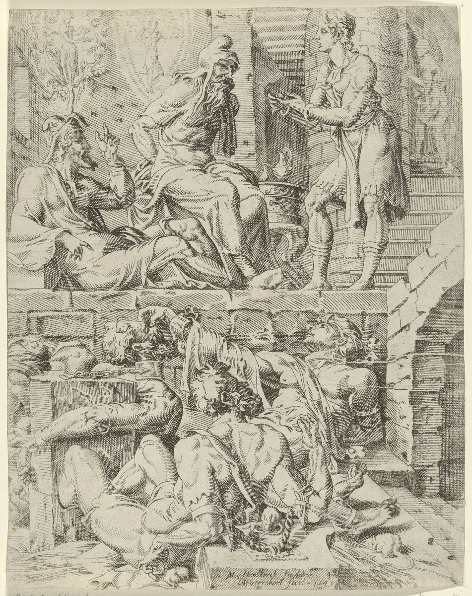 Jozef interpreteert de dromen van de schenker en de bakker by Unknown, print, 1549