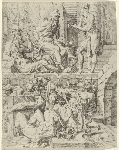 Jozef interpreteert de dromen van de schenker en de bakker by Unknown, print, 1549
