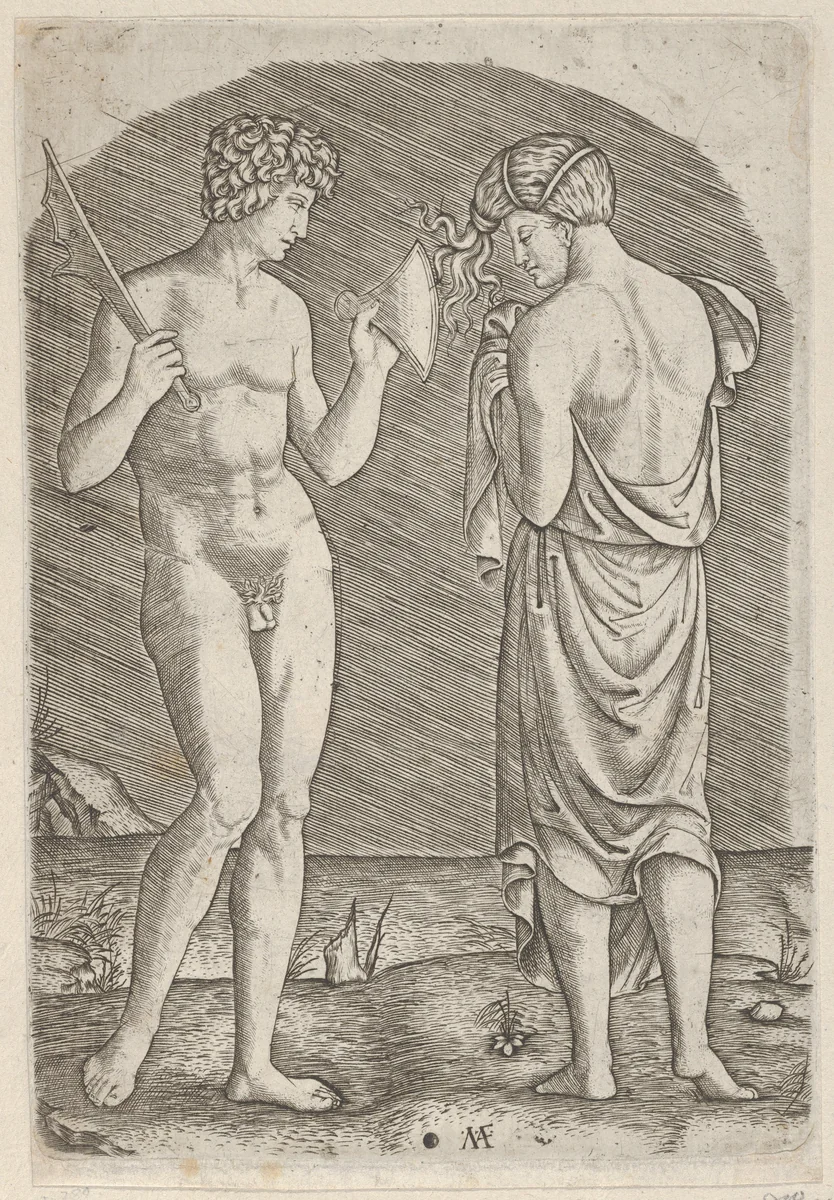 A naked man at left showing an axe to a woman at right by Marcantonio Raimondi, print, 1505-1515