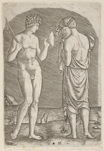 A naked man at left showing an axe to a woman at right by Marcantonio Raimondi, print, 1505-1515