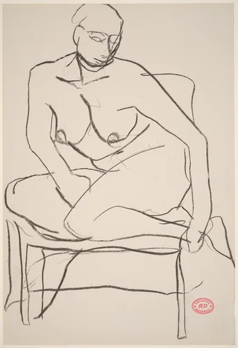 Untitled [female nude with legs drawn into chair] by Richard Diebenkorn, drawing, 1955-1967