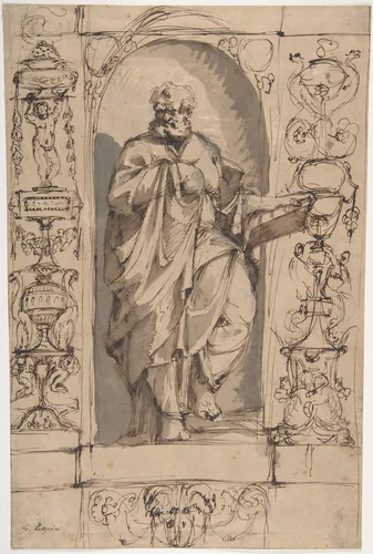 Draped Male Figure Standing in a Niche by Gregorio Lazzarini, drawing, 1655-1730