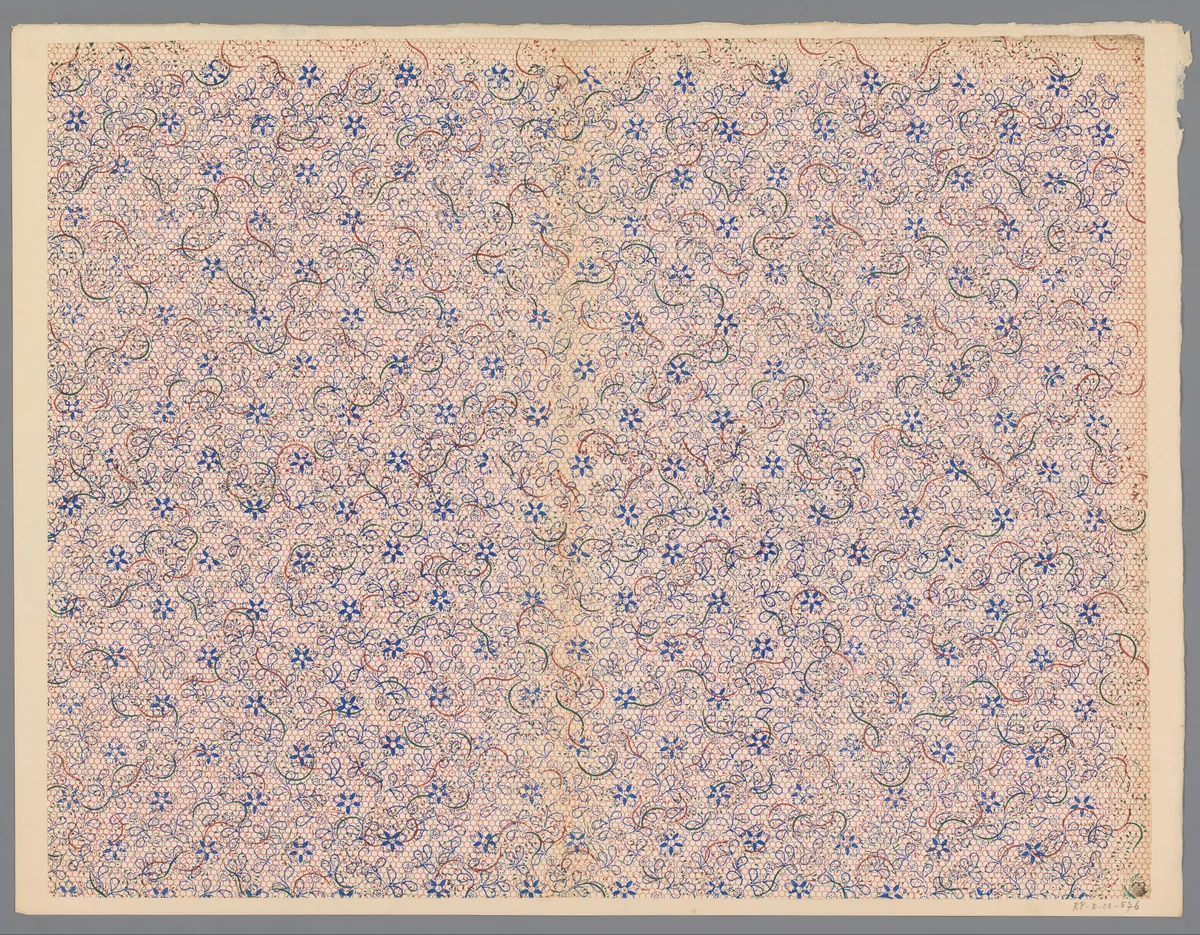 Blad met strooipatroon van bloemen op fond van zeshoeken by anonymous, print, 1800-1900