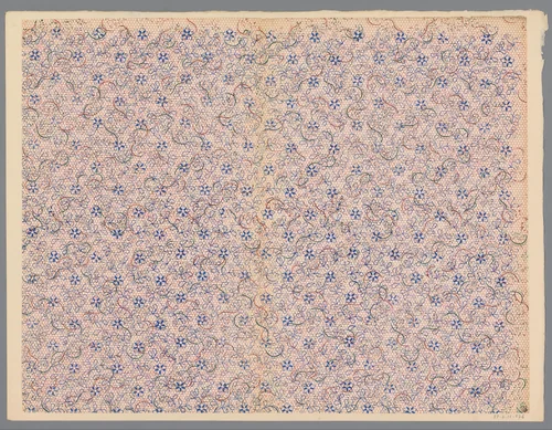 Blad met strooipatroon van bloemen op fond van zeshoeken by anonymous, print, 1800-1900