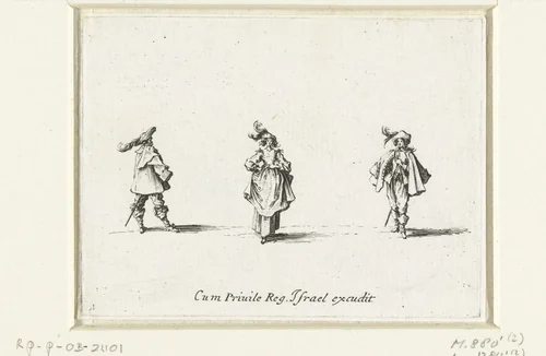 Dame, de rechterhand in de zij, de linkerhand voor de buik, van voren gezien, tussen twee heren by Jacques Callot, print, 1633-1635
