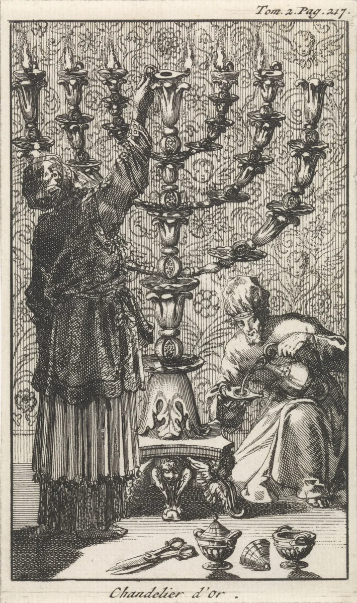 Gouden zevenarmige kandelaar of menora by Jan Luyken, print, 1705