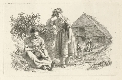 Twee vrouwen en een man met kinderen voor een boerenschuur by Jacob Ernst Marcus, print, 1815