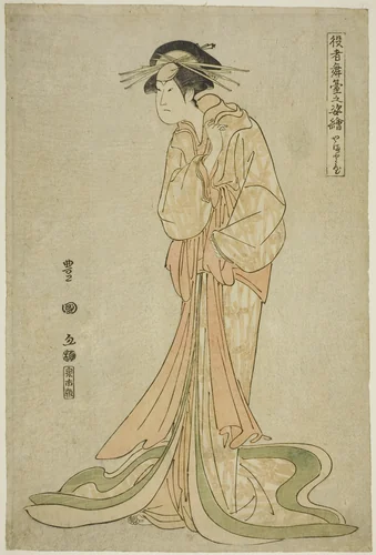 Yamatoya: Iwai Hanshiro IV as Okaru, from the series "Portraits of Actors on Stage (Yakusha butai no sugata-e)" by Utagawa Toyokuni I (初代 歌川 豊国), print, 1795