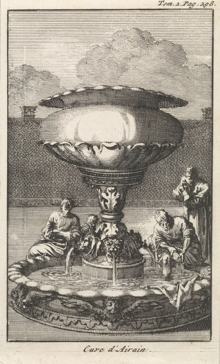 Koperen wasvat of spoelbekken in de hof van het tabernakel by Jan Luyken, print, 1705