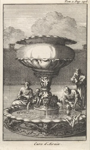 Koperen wasvat of spoelbekken in de hof van het tabernakel by Jan Luyken, print, 1705