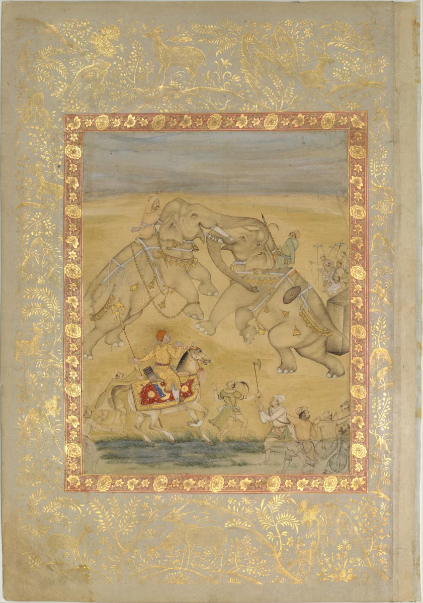 Jahangir Watching an Elephant Fight by Farrukh Chela, manuscript, 1580-1630