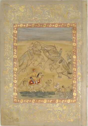 Jahangir Watching an Elephant Fight by Farrukh Chela, manuscript, 1580-1630