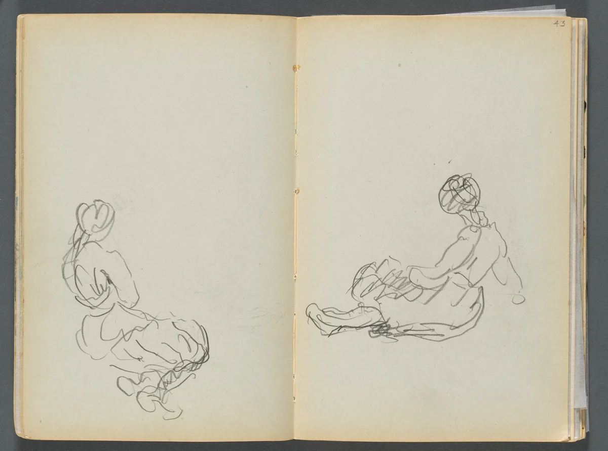 Sketchbook- The Granite Shore Hotel, Rockport, page 042 & 43: Two Seated Female Figures by Maurice Prendergast, book, 1905-1910