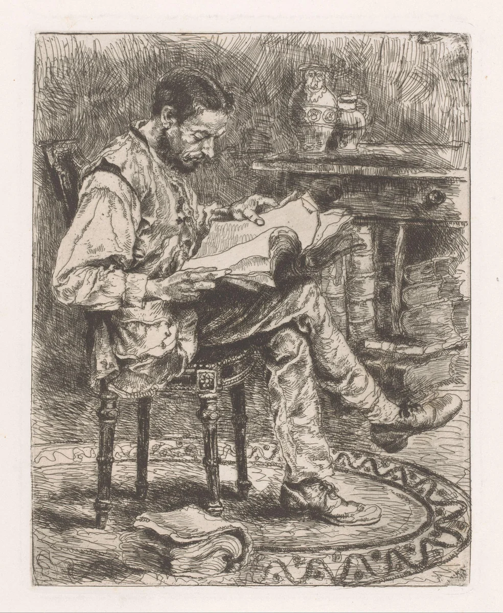 Lezende man met een stapel boeken by Willem Linnig, print, 1852-1890