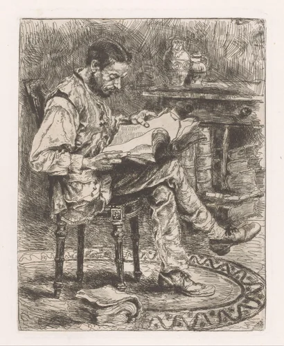 Lezende man met een stapel boeken by Willem Linnig, print, 1852-1890
