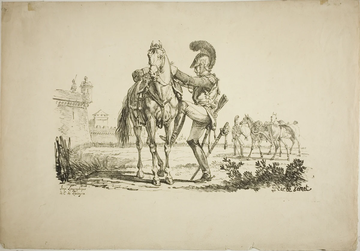 Rifleman Mounting a Horse by Carle Vernet, print, 1817