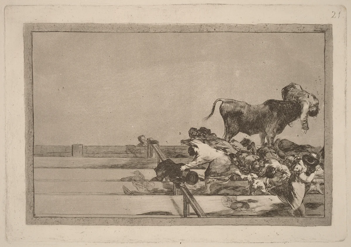 Desgracias acaecidas en el tendido de la plaza de Madrid, y muerte del alcalde de Tor rejon (Dreadful events in the Front Rows of the Ring at Madrid and Death of the Mayor of Torrejon) by Francisco Goya, portfolio, 1816