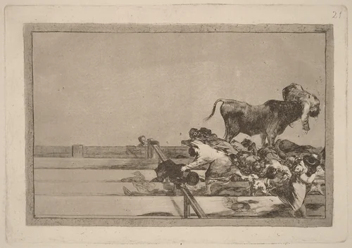 Desgracias acaecidas en el tendido de la plaza de Madrid, y muerte del alcalde de Tor rejon (Dreadful events in the Front Rows of the Ring at Madrid and Death of the Mayor of Torrejon) by Francisco Goya, portfolio, 1816