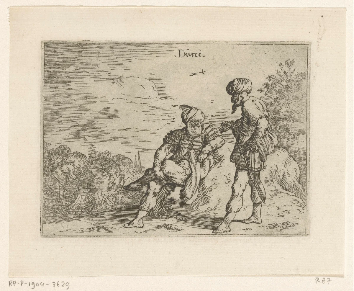Twee Turken, een werf met boten in de achtergrond by Johann Wilhelm Baur, print, 1636
