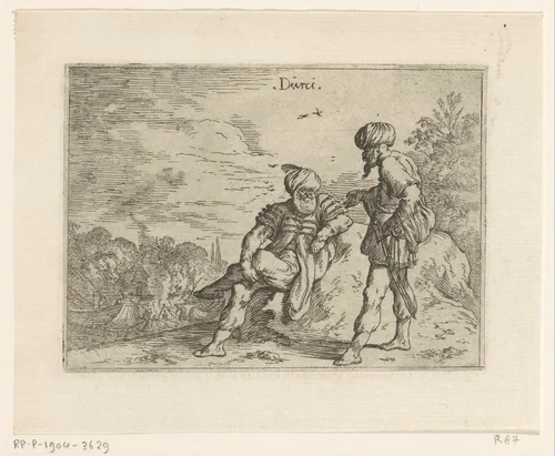Twee Turken, een werf met boten in de achtergrond by Johann Wilhelm Baur, print, 1636