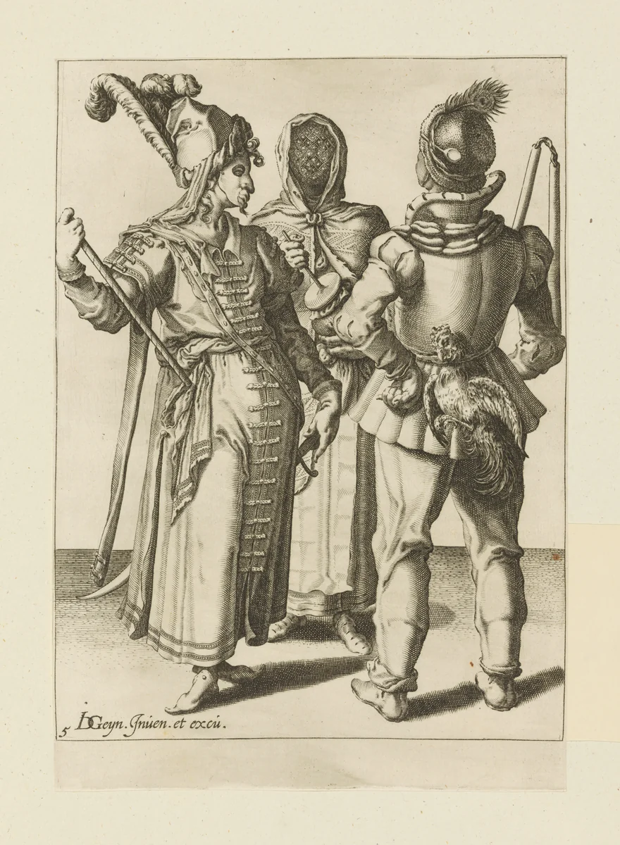 An Oriental Grandee, A Peasant with a Cock attached to his Belt and a Veiled Woman Playing the Rumbling-Pot, plate 5 from "The Masquerades" by Jacques de Gheyn II, print, 1595-1596
