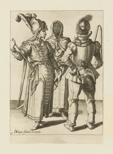 An Oriental Grandee, A Peasant with a Cock attached to his Belt and a Veiled Woman Playing the Rumbling-Pot, plate 5 from "The Masquerades" by Jacques de Gheyn II, print, 1595-1596
