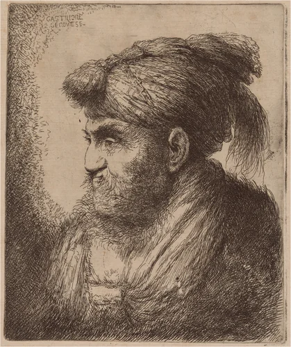 Man with a Beard and a Tassled Headdress, Facing Left by Giovanni Benedetto Castiglione, print, 1640-1650