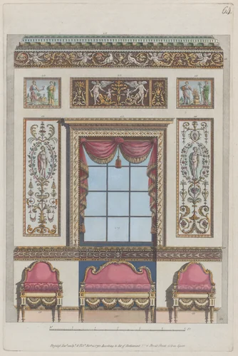 Interior Ornamented Wall with Window and Furniture, nos. 411–424, plate 64 from "Designs for Various Ornaments" by Michelangelo Pergolesi, print, 1792
