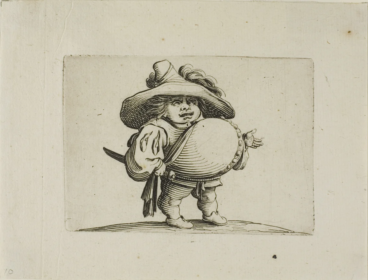 The Large Bellied Man Decorated with a Line of Buttons, from Varie Figure Gobbi by Jacques Callot, print, 1616