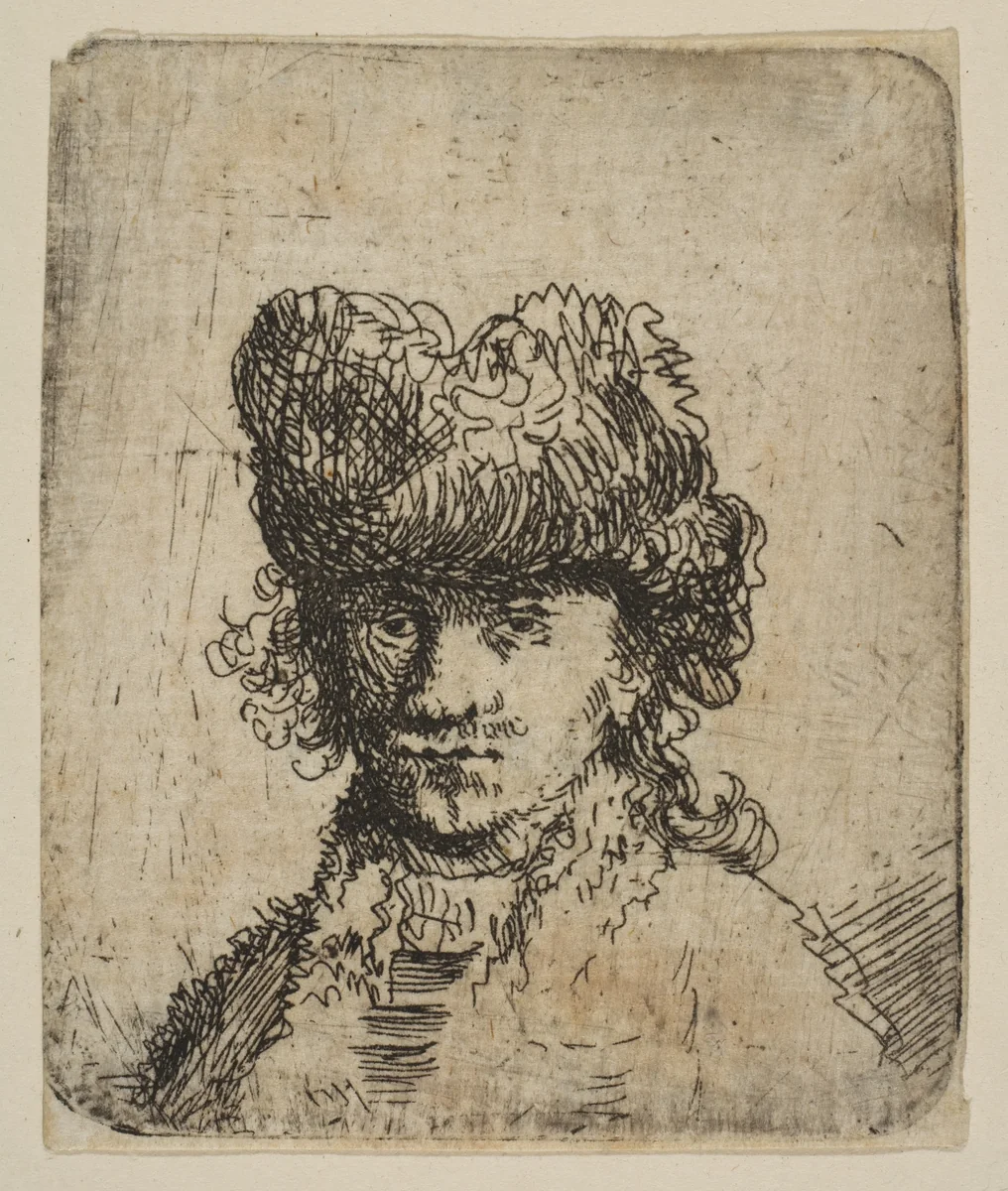 Self-Portrait in a Fur Cap: Bust by Rembrandt van Rijn, print, 1700-1800