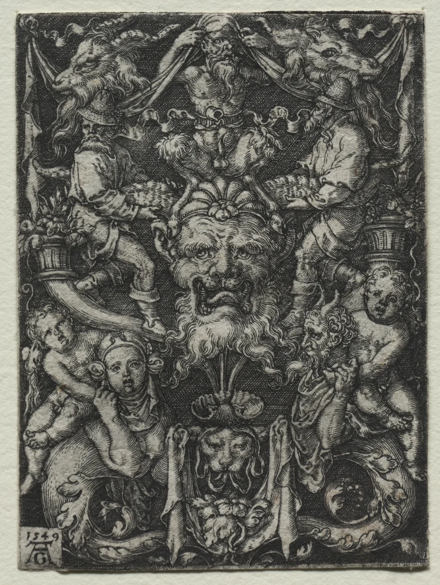 Ornament Design with a Mask, A Couple of Tritons, and Two Children Below by Heinrich Aldegrever, print, 1549