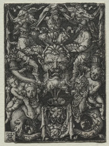 Ornament Design with a Mask, A Couple of Tritons, and Two Children Below by Heinrich Aldegrever, print, 1549