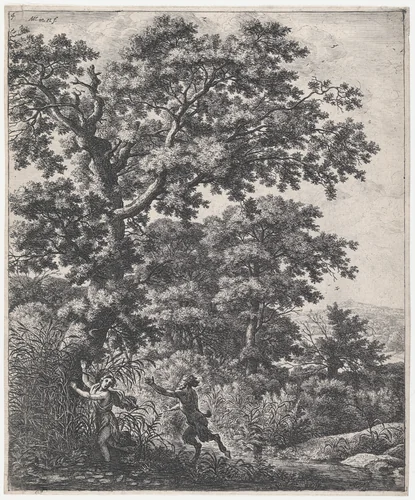 Landscape With Pan and Syrinx by Anthonie Waterloo, print, 1620-1690