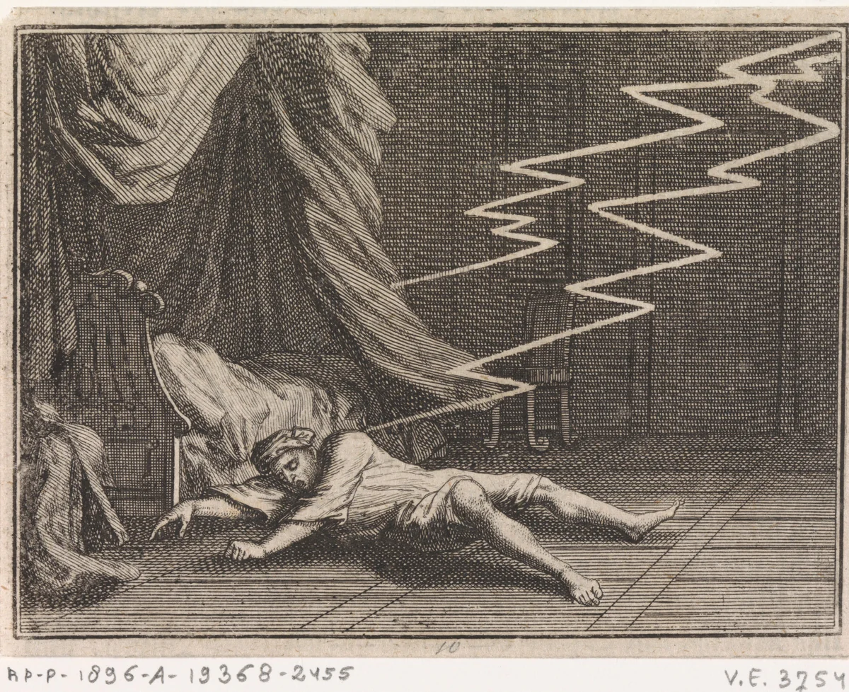 Man wordt dodelijk door een bliksemschicht getroffen by Caspar Luyken, print, 1710