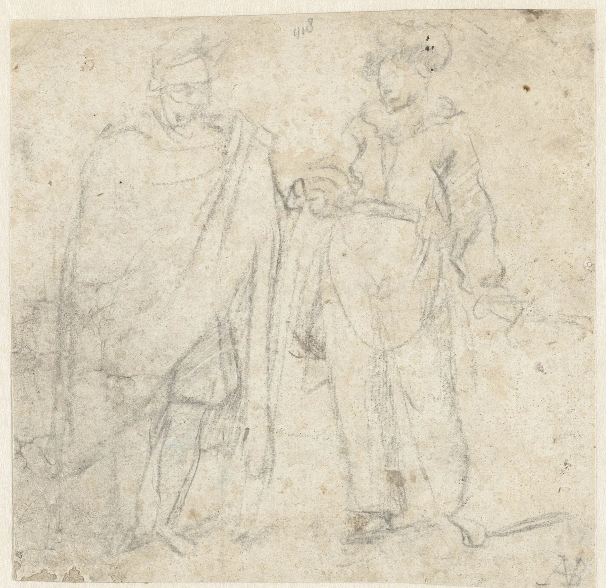 Twee staande figuren by Monogrammist AVB, drawing, 1600-1699