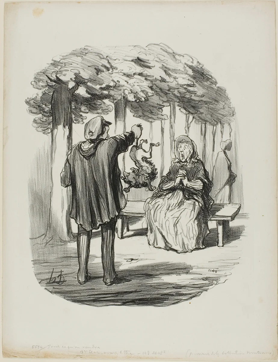 "Is this your dog here?," plate 20 from Tout Ce Qu'on Voudra by Honoré-Victorin Daumier, print, 1847