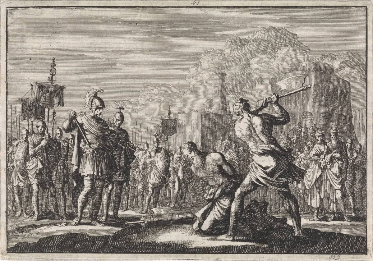 Antigonus op bevel van Antonius onthoofd by Jan Luyken, print, 1704