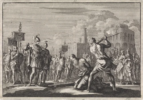 Antigonus op bevel van Antonius onthoofd by Jan Luyken, print, 1704