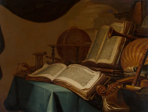 Still Life with Books, a Globe and Musical Instruments by Jan Vermeulen, painting, 1660