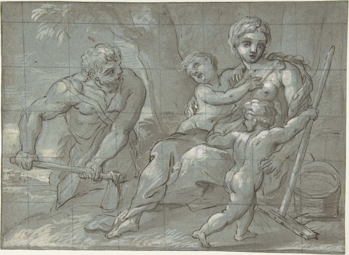 Adam and Eve after Their Expulsion with the Infants Cain and Abel by Giovanni Andrea Carlone, drawing, 1639-1697